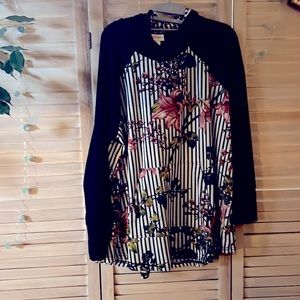 Lularoe Amber Hoodie 2xl black and white stripes with maroon and green floral